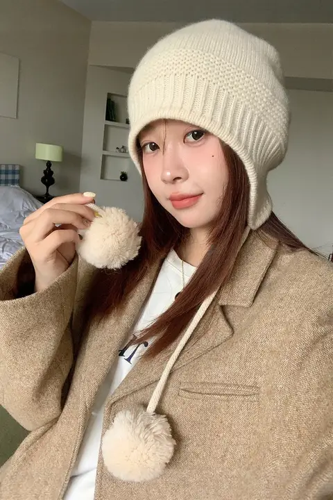 100%ウール耳保護ニット帽【冬用・かわいいポンポン付き・防寒・ターバンスタイル】（セットアップ対応）