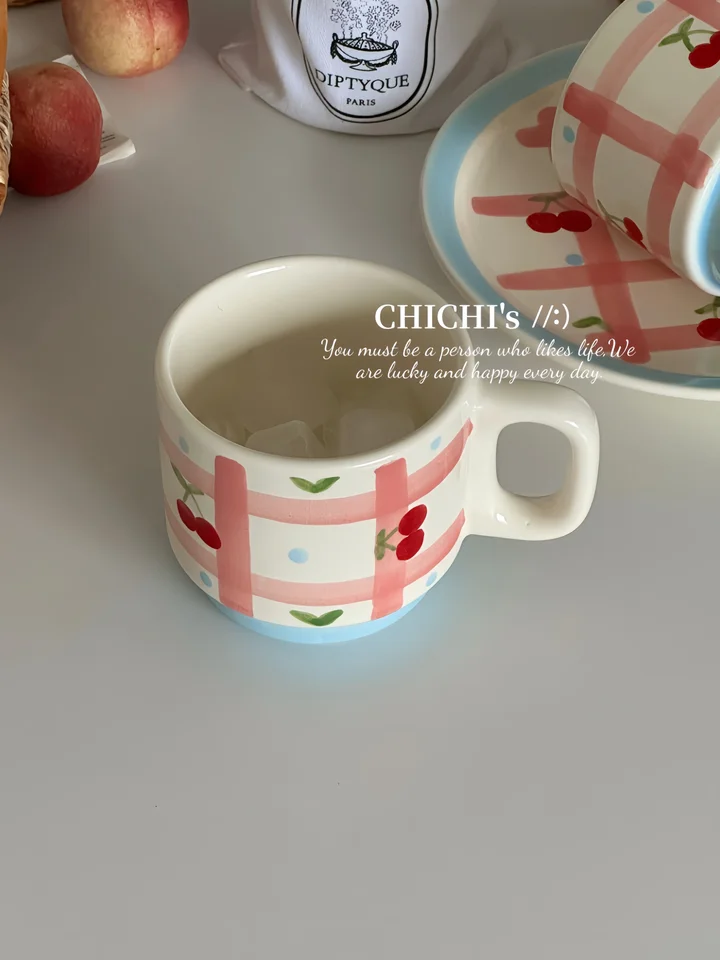 手描きチェリーの陶器製食器シリーズ【グラフチェック・プレート・ボウル・マグカップ】（セットアップ対応）