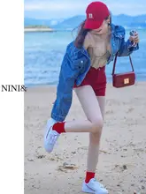 高腰デニムショートパンツ【レディース・赤・スタイリッシュ・夏用・スリムフィット】（セットアップ対応）