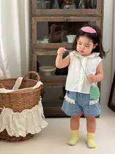 夏用 女の子デニムノースリーブトップスとショートパンツ【薄手・フリル付き・カジュアルデザイン】（セットアップ対応）