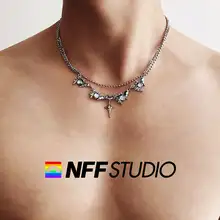 NFF デザインのダブルレイヤー星型宝石ネックレス【メンズ・個性的・ロックチェーンスタイル】