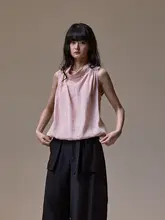 夏用シンプルデザインのノースリーブ襟付きブラウス【ドレープ・調節可能な紐付き】