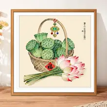 現代的な蓮の花と福字の刺繍【シンプルな手作りデザイン・リビングやダイニングに最適】
