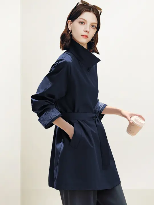 バイカラーの中長丈コート【リーダウン・ウエストリボン・秋冬対応】