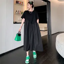 Tシャツ風デザインの不規則Aラインマタニティドレス【夏用・ゆったり・ミドル丈】（セットアップ対応）