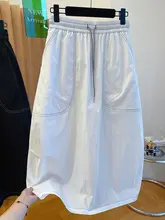 ブラックステッチデザインのワークスタイル半身スカート【ゆったりハイウエスト・膝下丈】