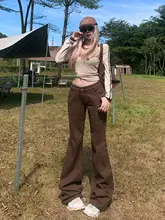 アメリカンビンテージ風ローライズブラウンフレアデニムパンツ【春夏用・スリム効果・カジュアル】