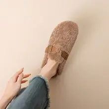 冬用ムートン風バックル付きミュール【レトロデザイン・ルームシューズ】