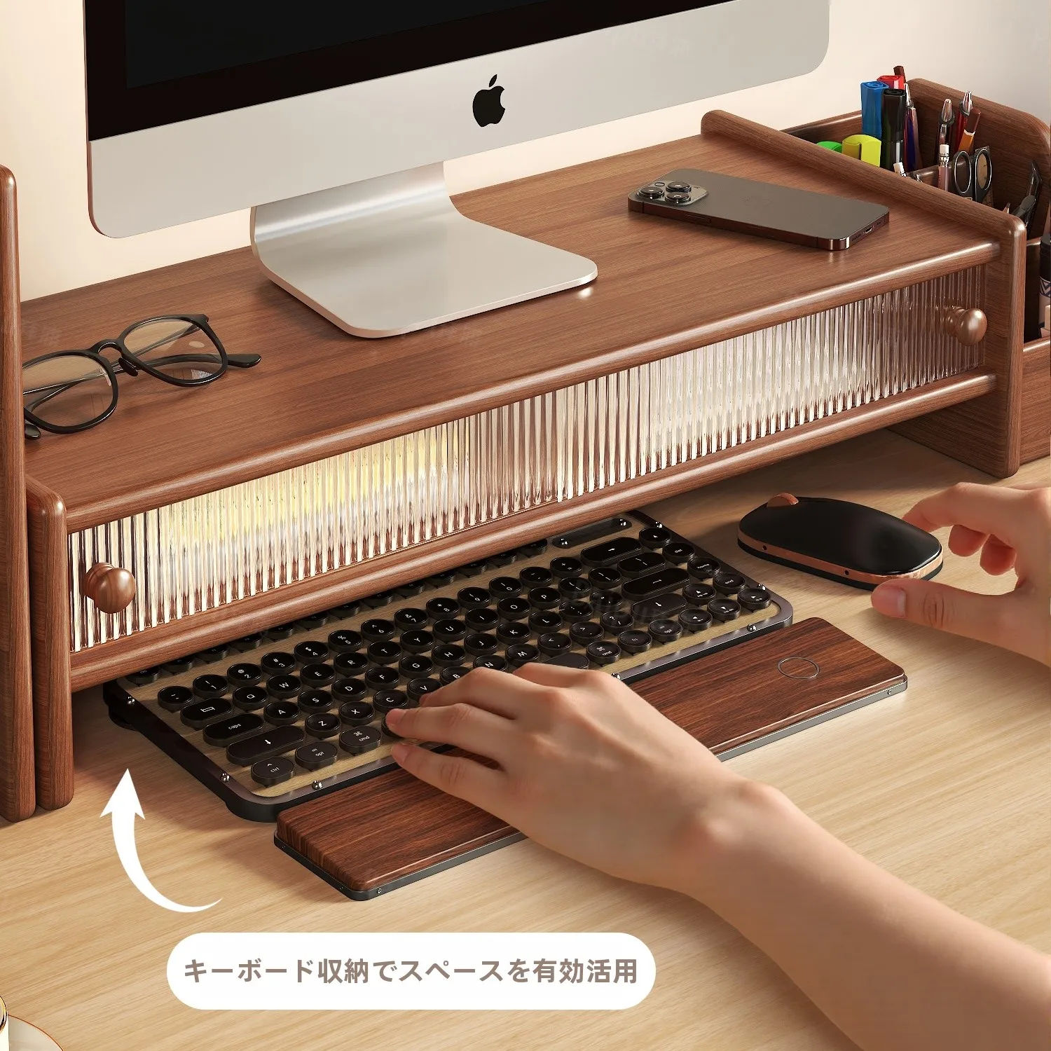 デスクトップモニター昇降台：引き出し付き収納機能で効率的なデスクワークを実現