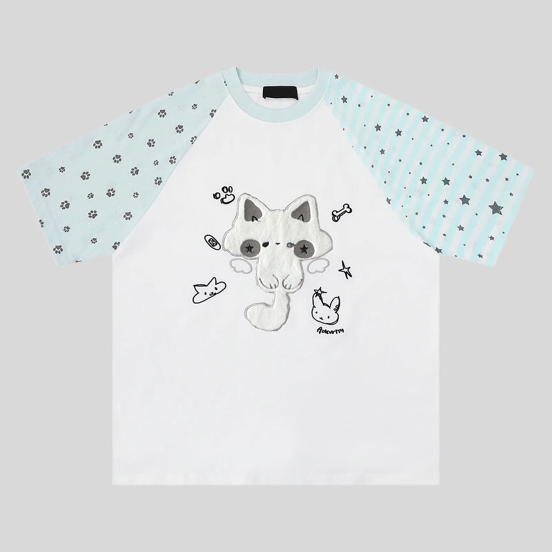 刺繍入り小猫星柄クルーネック半袖Tシャツ【ユニセックス・カジュアル・ゆったりタイプ】