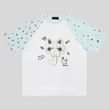 刺繍入り小猫星柄クルーネック半袖Tシャツ【ユニセックス・カジュアル・ゆったりタイプ】