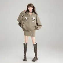 復古風刺繍入りフード付きパーカー【女性用・中華スタイル・秋季・ミニスカート付き】（セットアップ対応）