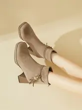 冬用ヒールブーツ【加絨・スリムデザイン・スクエアトゥ・太ヒール】