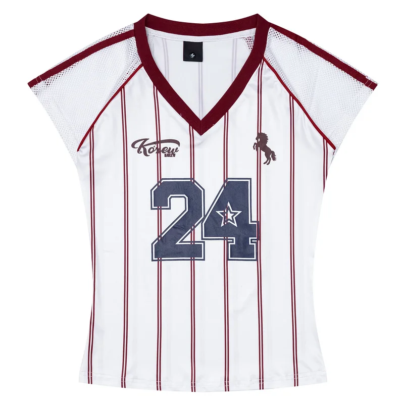 スポーティーなストライププリント半袖Tシャツ：cuwuブランドの美式風デザインが日常に溶け込む