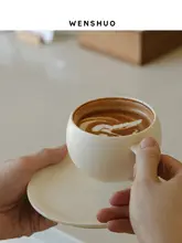 WENSHUO 陶製コーヒーカップとソーサーセット【クリーム色・シンプルデザイン・オフィス用】