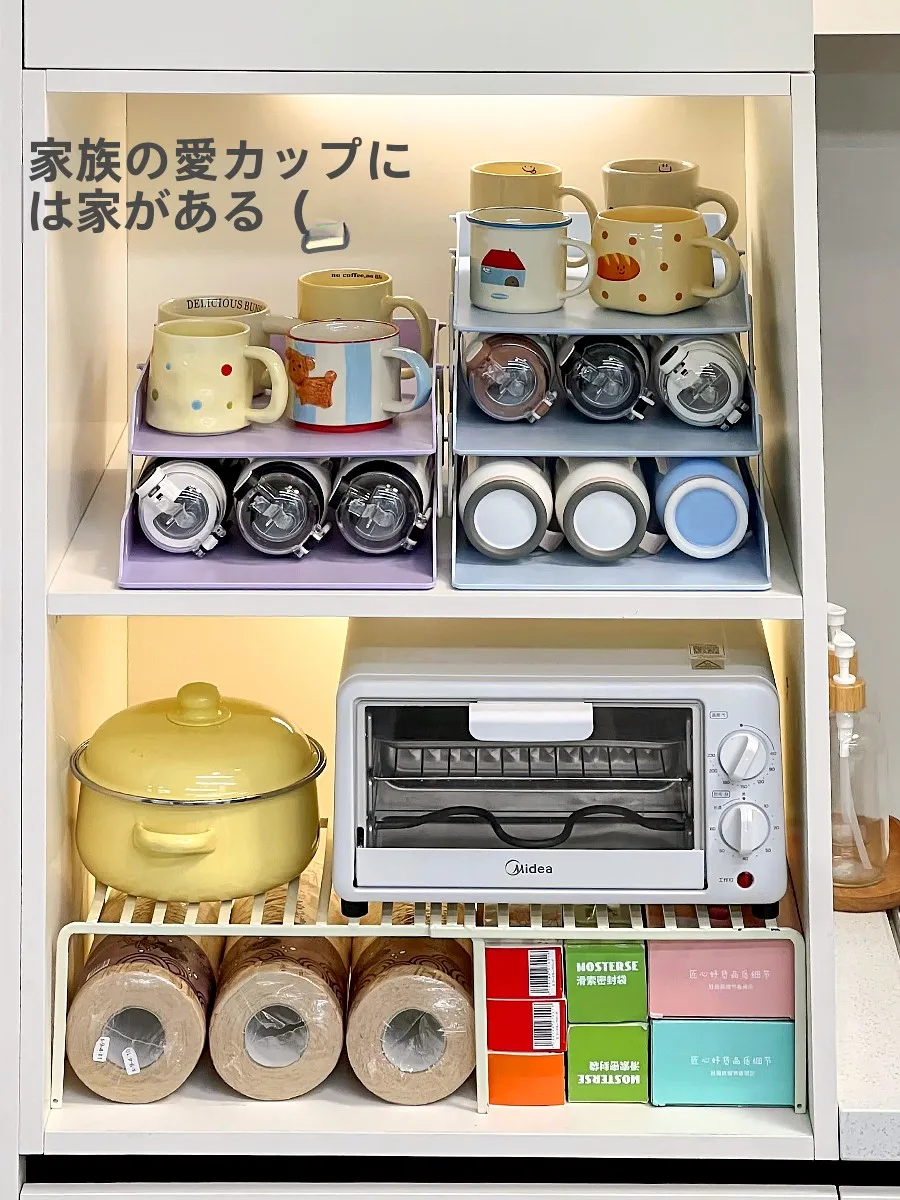 階段式収納ラック：奥行きのある食器棚収納に最適な抽斗式カップホルダーの実用性解析