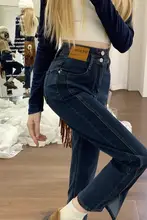 レトロなスリットデニムパンツ【ハイウエスト・ストレート・九分丈・大きいサイズ対応】（セットアップ対応）