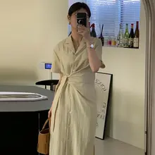 夏用 フレンチスタイル サイドリボン付き ノーカラーシャツワンピース【女性用・ウエストマーク・短袖】