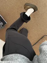 加圧素材のグレー微喇パンツ【カジュアル・ハイウエスト・大きいサイズ・極上の柔らかさ】（セットアップ対応）