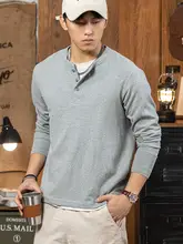 グレーの純綿ヘンリーティーシャツ【アメリカンレトロ・長袖・スリムフィット】