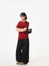 赤色プリントのショートスリーブTシャツ【ラウンドネック・レディース・カジュアル】