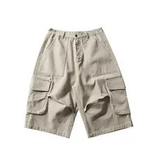 夏用 アメリカンレトロ ウォッシュコットン 多ポケット ワイドレッグ ハーフパンツ【ユニセックス・フィット】（セットアップ対応）