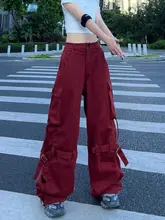 ユニセックス ストリートダンス用 ワイドレッグカーゴパンツ【レッド・機能的束脚デザイン】