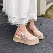 羊革製 夏用オープントゥサンダル【レース・メッシュ・通気性・厚底・草編みデザイン】