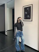 春季アメリカンビンテージ風シースルー重ね着デザインの長袖Tシャツ【女性用・フィット感あり・短丈】（セットアップ対応）