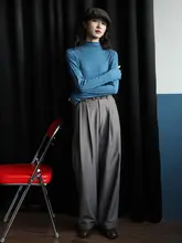 レディース 半高衿長袖Tシャツ【春秋用・リブ編み・ストレッチ・ブルー・シンプルデザイン】
