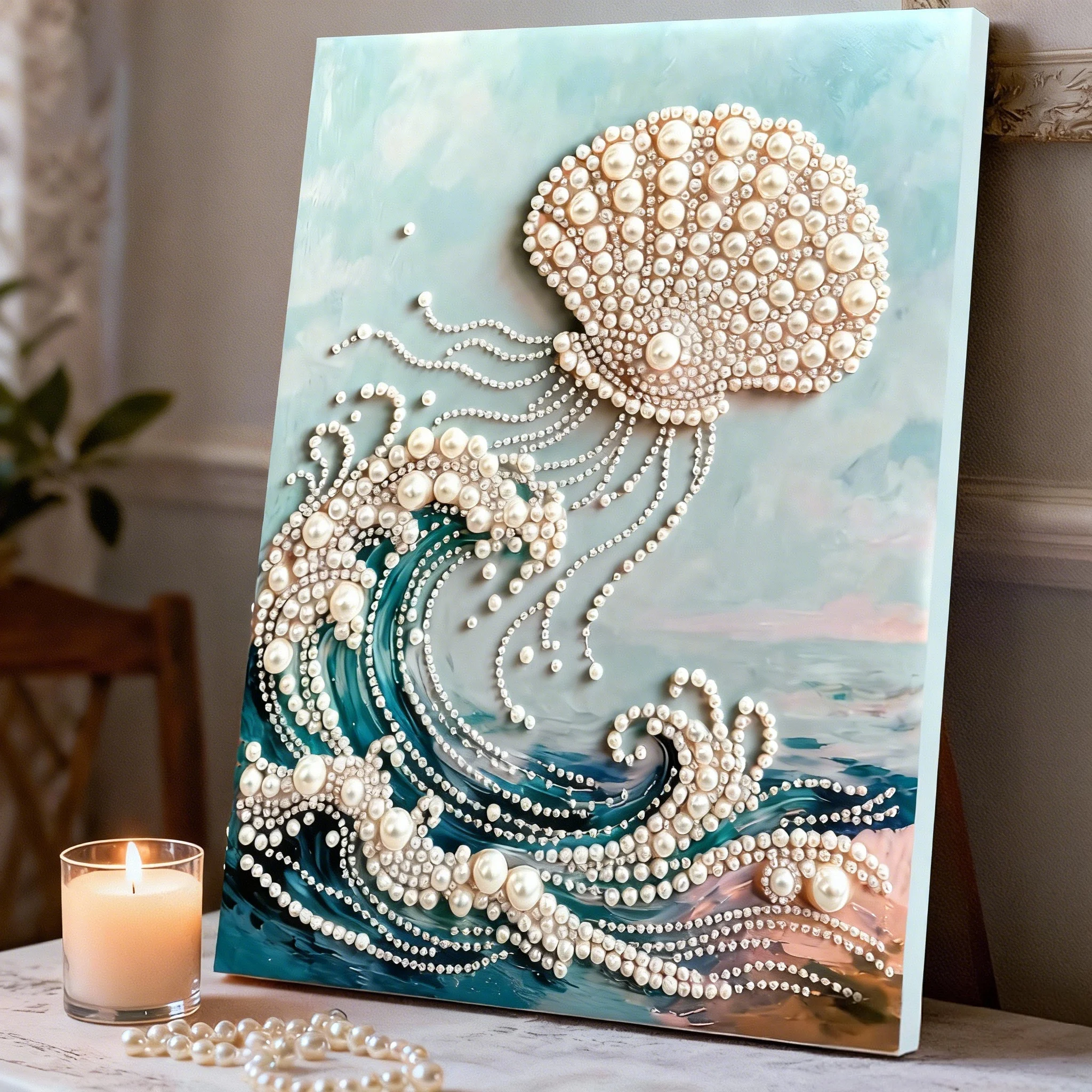海辺の貝殻と真珠のダイヤモンド画DIY材料キット：壁掛け用のアートクラフトプロジェクトガイド