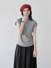シンプルスタイルのハイネックニットTシャツ【女性用・短袖・柔らかい質感】
