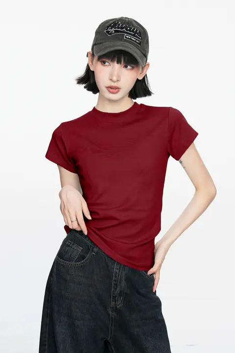 米国風 ビンテージワインレッドの肩出し半袖Tシャツ【レディース・ショート丈・純綿・フィットデザイン】