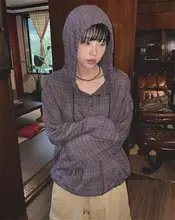 クラシックチェック柄のフード付き薄手カジュアルシャツ【長袖・スリムフィット】