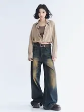 復古デザインの水洗い加工デニムパンツ【ワイドフィット・ストレート】