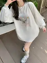 猫プリントの夏用レディースTシャツ【アメリカンレトロ・ラウンドネック・長袖・ゆったりフィット】