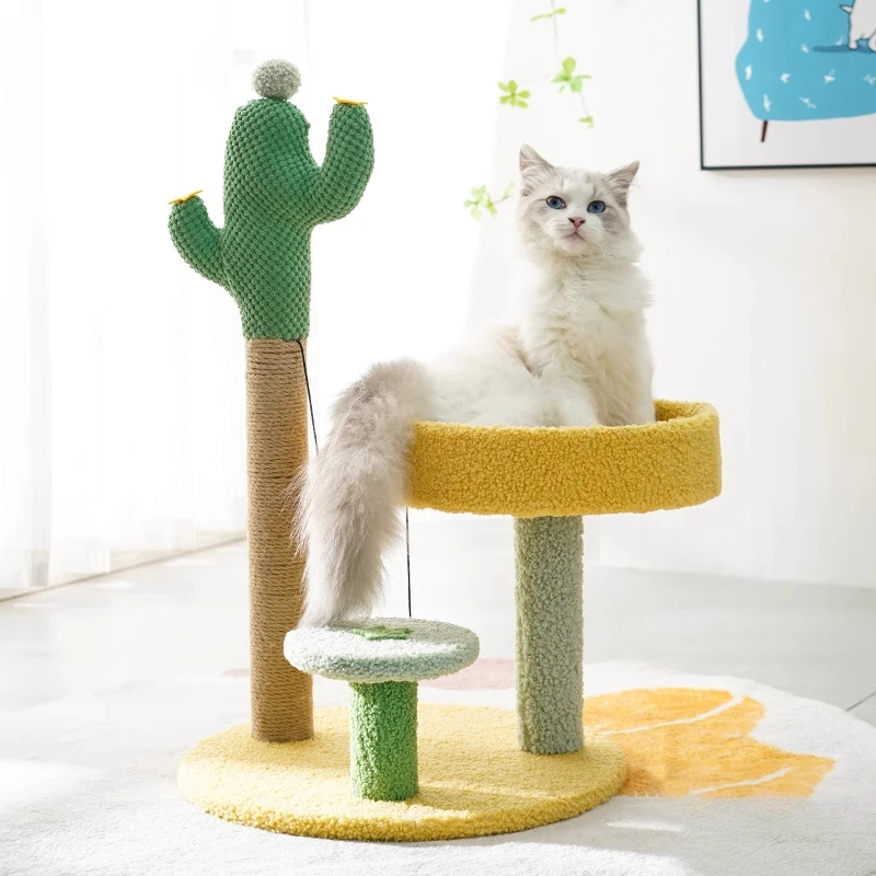 猫のための家：キャットタワーと爪とぎが一体化したサボテンデザインの猫ハウス