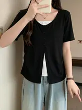 コットン混バイカラー切替えデザイン Tシャツ【女性用・夏・ゆったりシルエット・上品なスタイル】