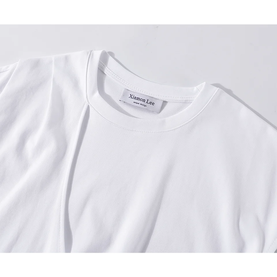 トップス レディース Tシャツ フェイクレイヤード パッチワーク 韓流 ウエストシェイプ 紐結び 着痩せ ショート丈 着回し おしゃれ「XinmonLee」
