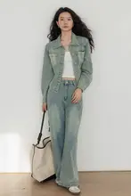 水洗い加工のレトロデザイン デニムジャケット ＆ パンツ【カジュアル通勤・春秋用】（セットアップ対応）