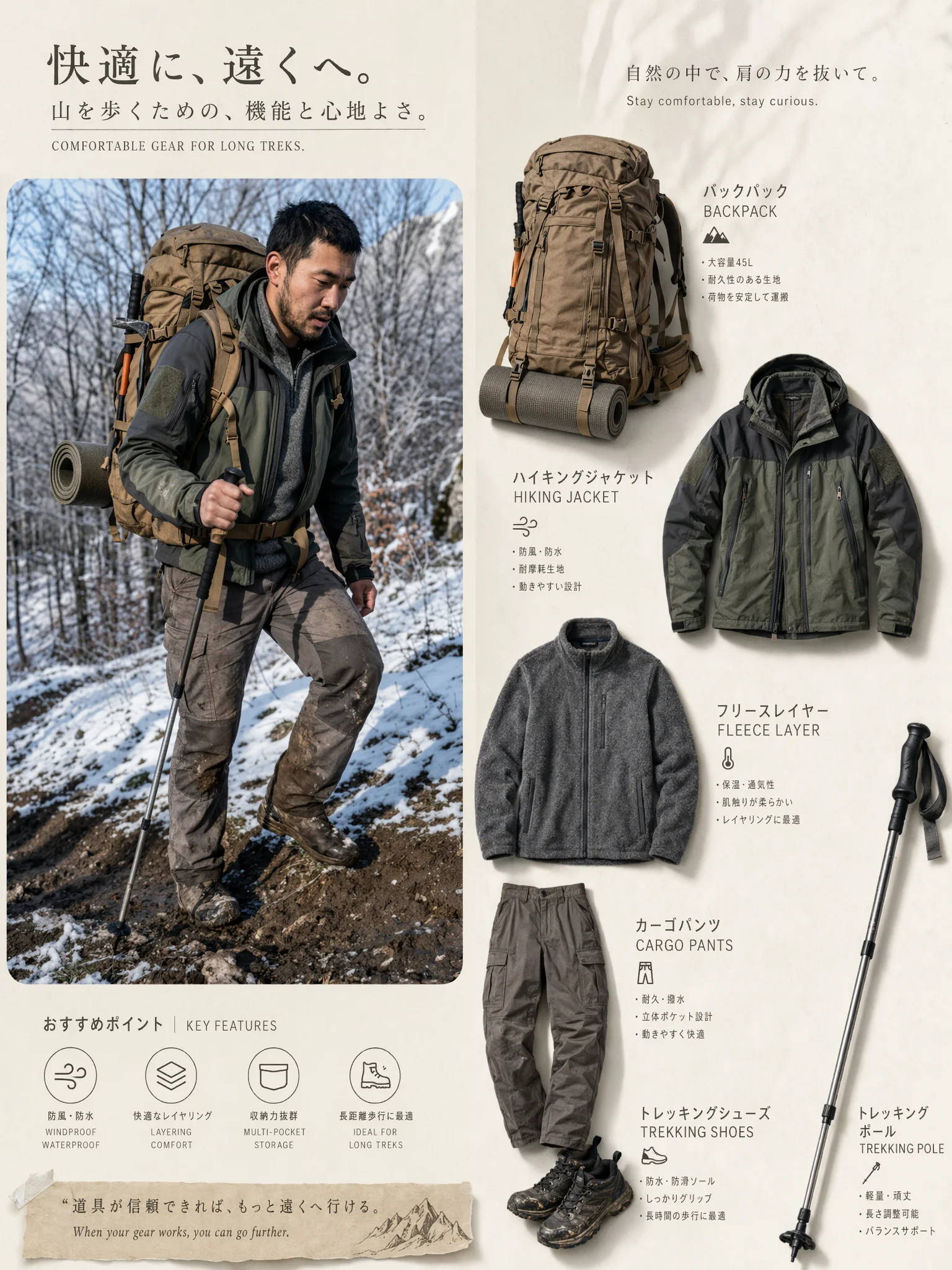 オリーブやグレージュ系の登山ウェアと装備でまとめた冬のアウトドアコーデ