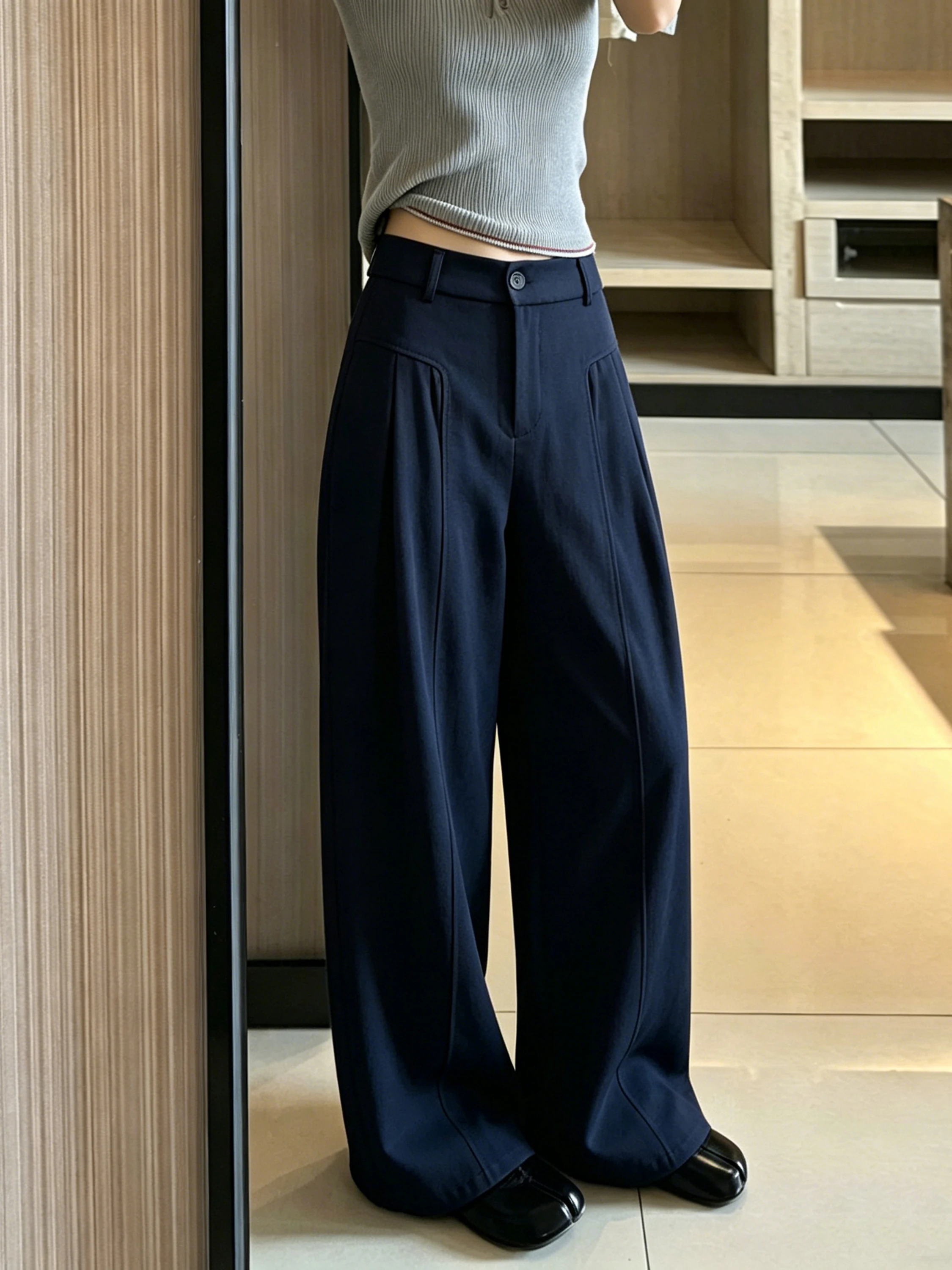 ターコイズブルー パンツ おすすめモデル：蔵青色の天竺コットンリネン製ウィメンズスーツパンツ