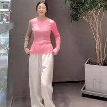 薄手の羊毛混ニットトップス【フィット感・バイカラー・ラウンドネック】