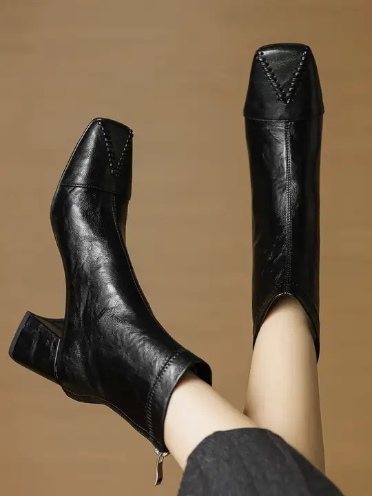 フランス風レトロエラスティックブーツ【ソフトレザー・ハイヒール・太ヒール・ショートブーツ・ミルクホワイト】