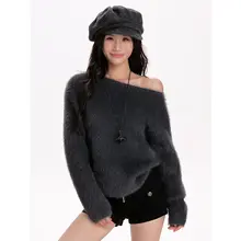 グレーオフショルダーニットトップス【秋冬用・ゆったり・極上の柔らかさ】（セットアップ対応）