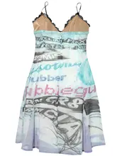 個性的なグラフィックプリントのレースキャミソールドレス【セクシーなVネック・短丈】