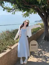 ブルーチェックの夏用キャミソールワンピース【ロング丈・カジュアルスタイル】（セットアップ対応）
