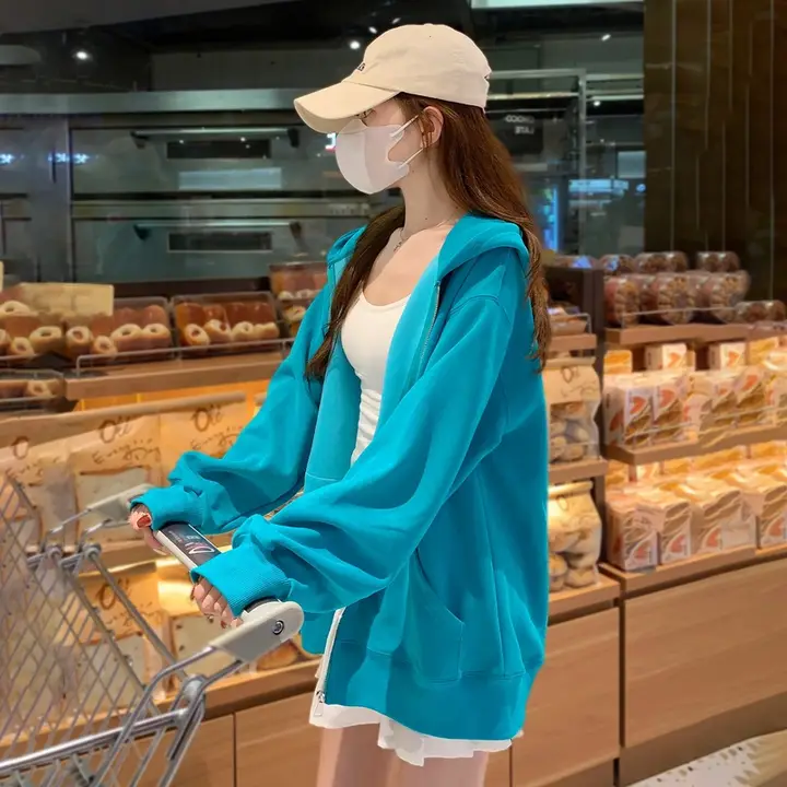 スタイルのフード付きフルジップカーディガン【薄手・湖青色・秋季向け・レディース】