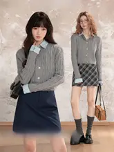 グレーのニットセーター【韓国風・スリムデザイン・秋冬用】（セットアップ対応）