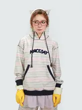 可愛い猫耳デザインのカラーストライプフーディ【女性用・フィット・秋用】